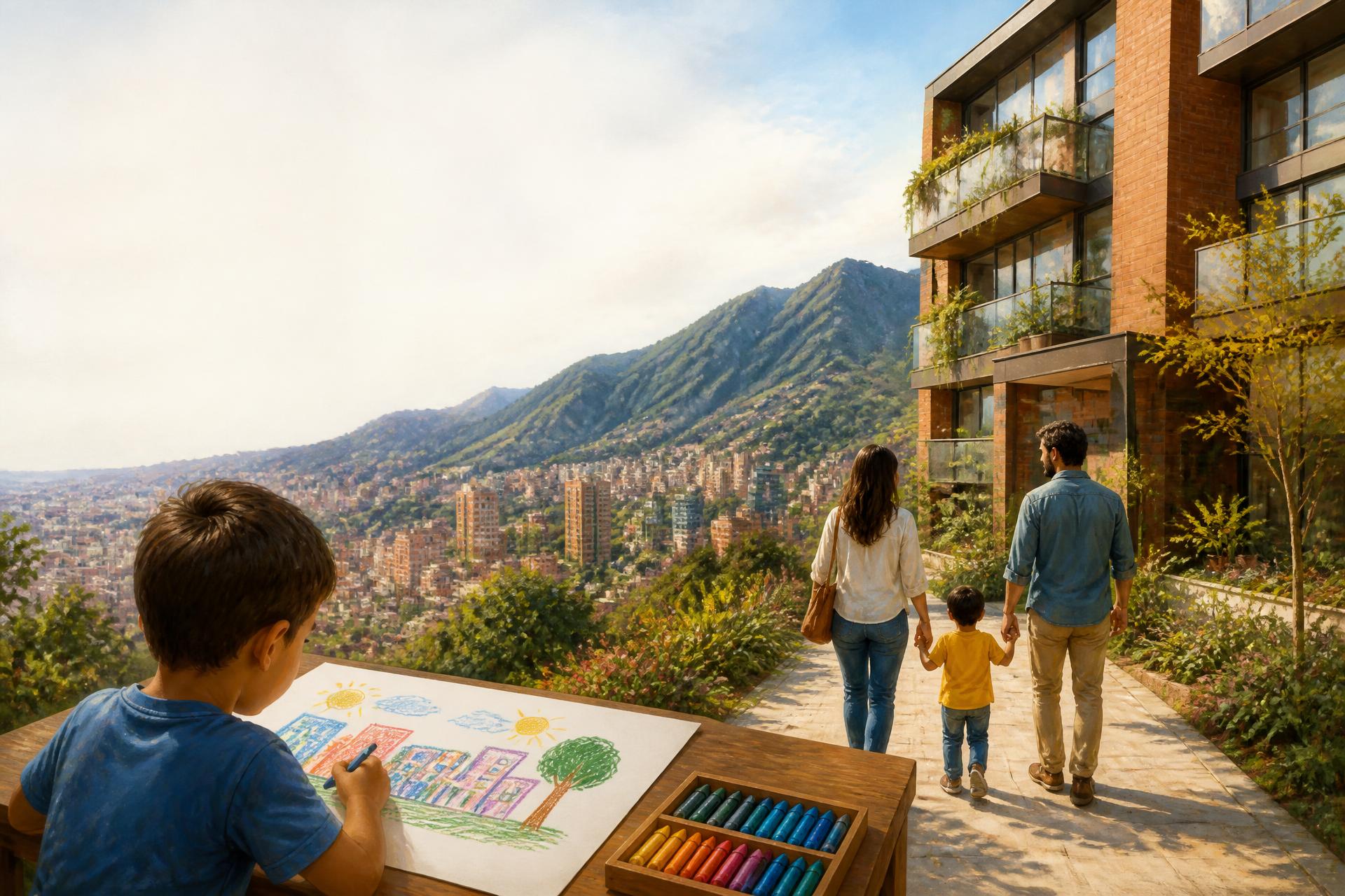 Ilustración al óleo: un niño dibuja con crayones su ciudad soñada mientras una familia camina hacia su nuevo hogar en Bogotá