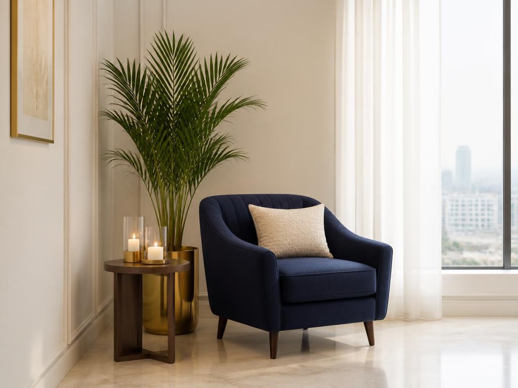 Sillón azul junto a una ventana en un apartamento moderno