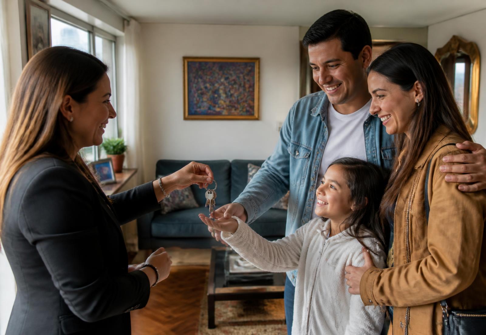 Asesora inmobiliaria entregando las llaves de un apartamento a una familia colombiana